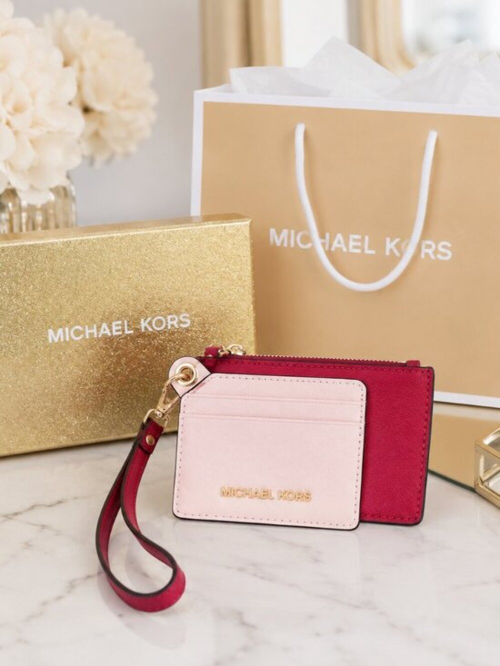 Michael Kors Saffiano Card Case Duo Wristlet Zip Wallet NWT